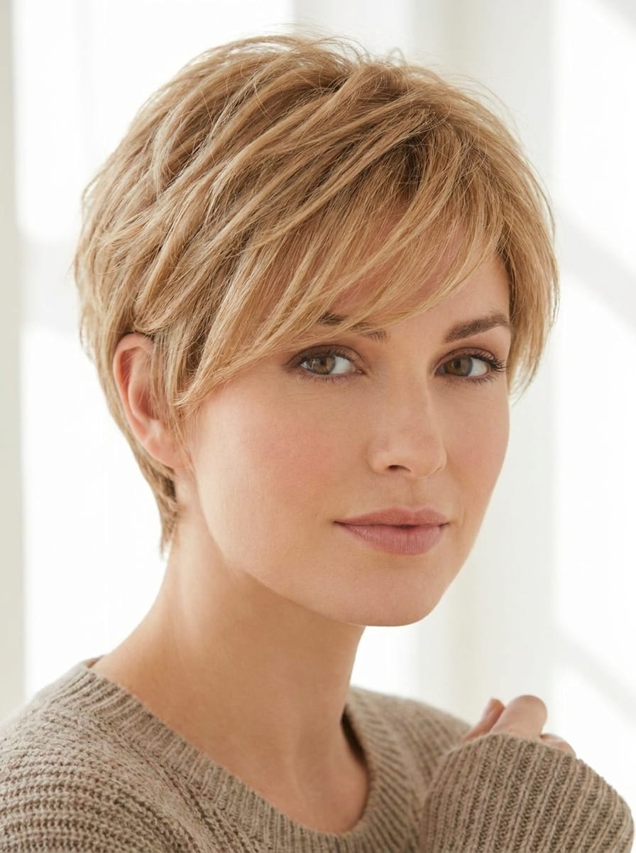 Pixie mit langem Seitenpony - Frisur für ein eckiges Gesicht